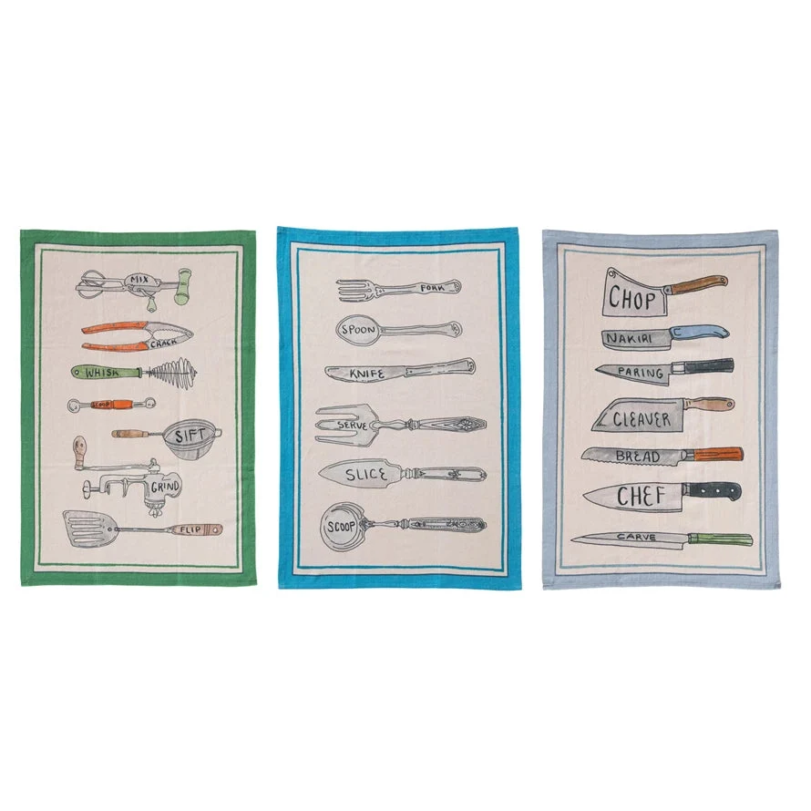 Creative Co-Op Cotton Chambray Printed Tea Towel - 3 Style Options — Aqua Blue