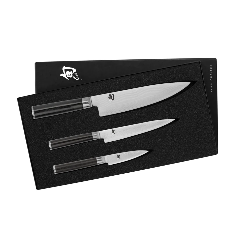 Shun Cutlery Classic 3 Piece Starter Set 8” Chef's Knife, 3.5” Paring 3.5", 6” Utility Knife DMS300 - Made in Japan