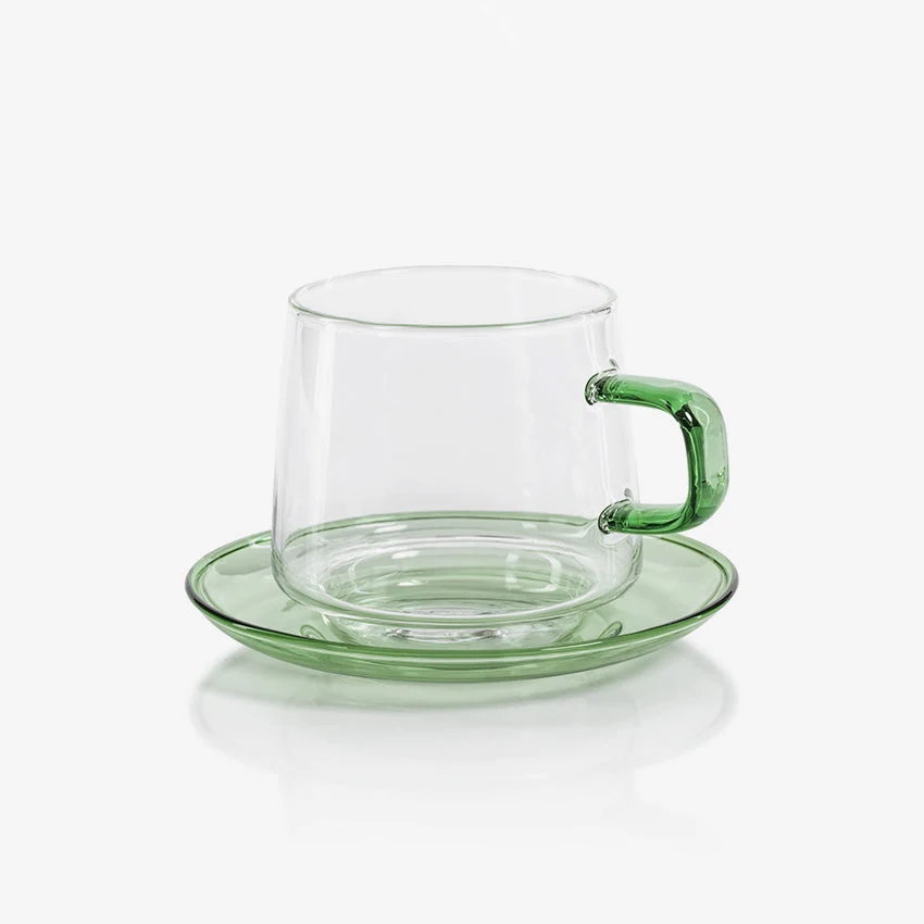 Zodax | Baglioni Glass Tea and Coffee Cup with Saucer Set — Green