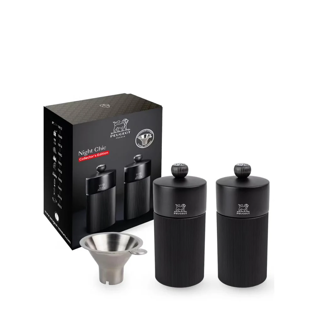 Peugeot Night Chic Gift Set Pepper and Salt Mill with Funnel 12 cm Black - Made in France