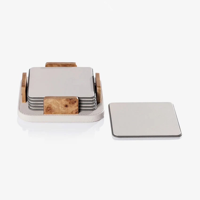 Zodax | Sotto Leather with Burl Veneer Coaster - Set of 6 — Ivory