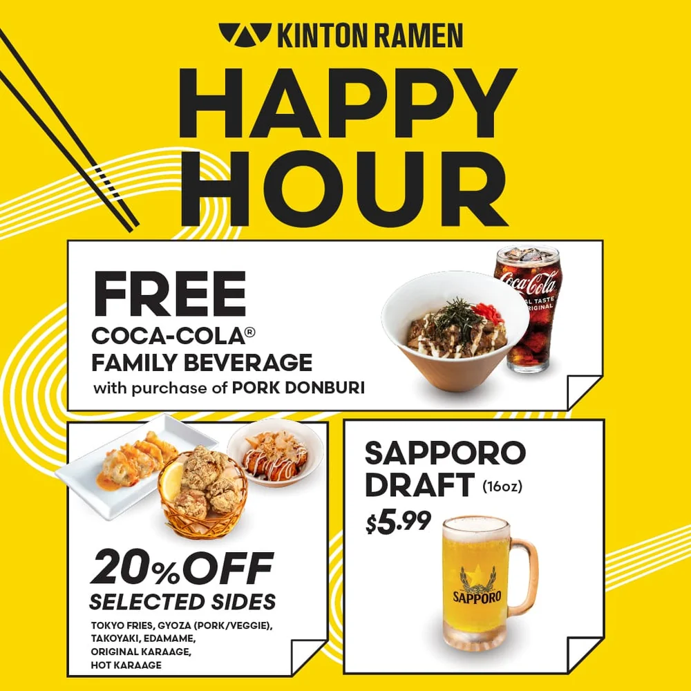 平日歡樂時光：Sapporo 生啤 $5.99、小食 8 折、點豬肉丼送飲料